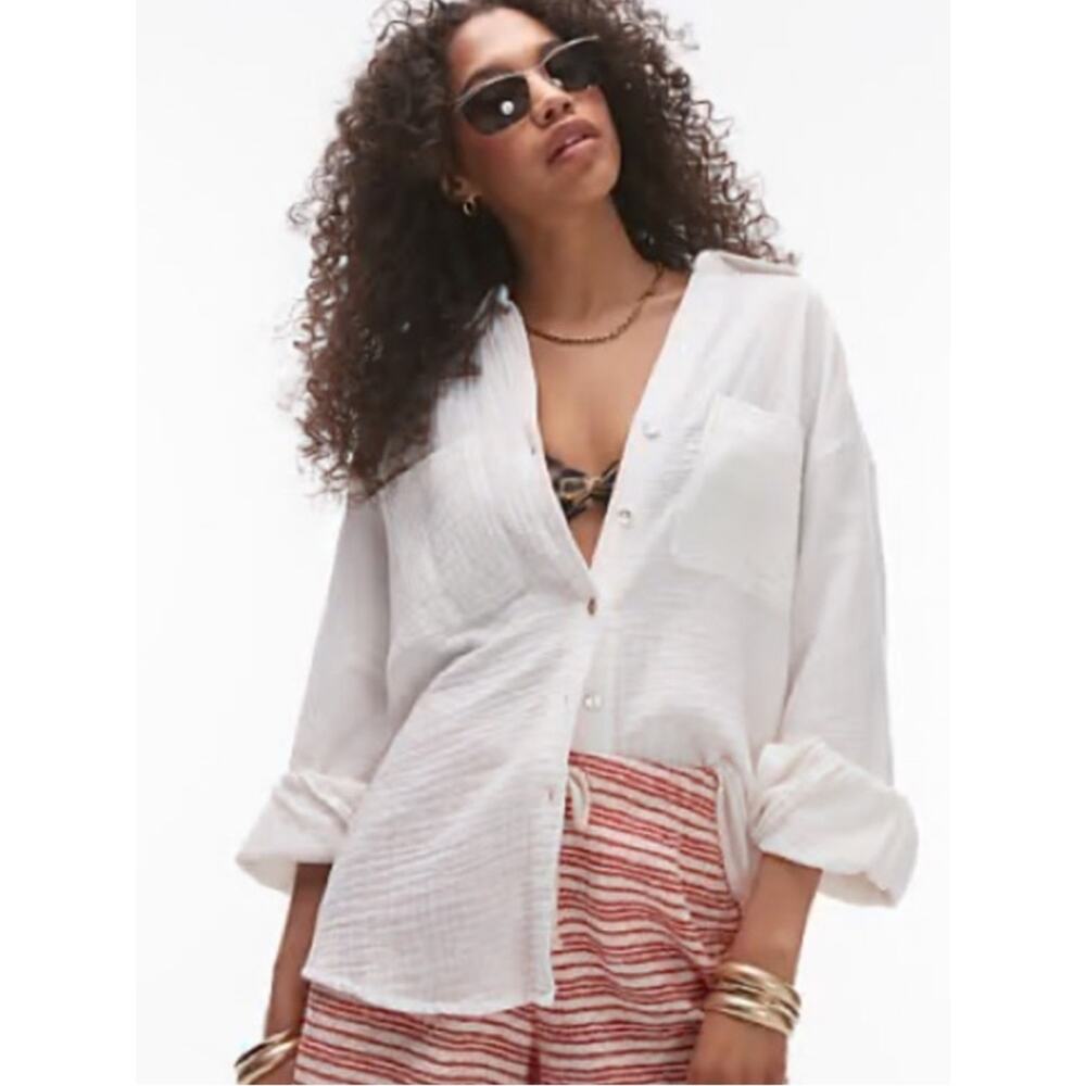 Topshop Ivory Crinkle Textured Button Down